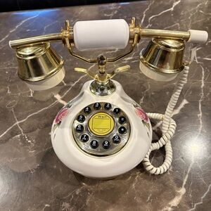 Classic White French Floral Rotary-Style Corded Phone 1970s